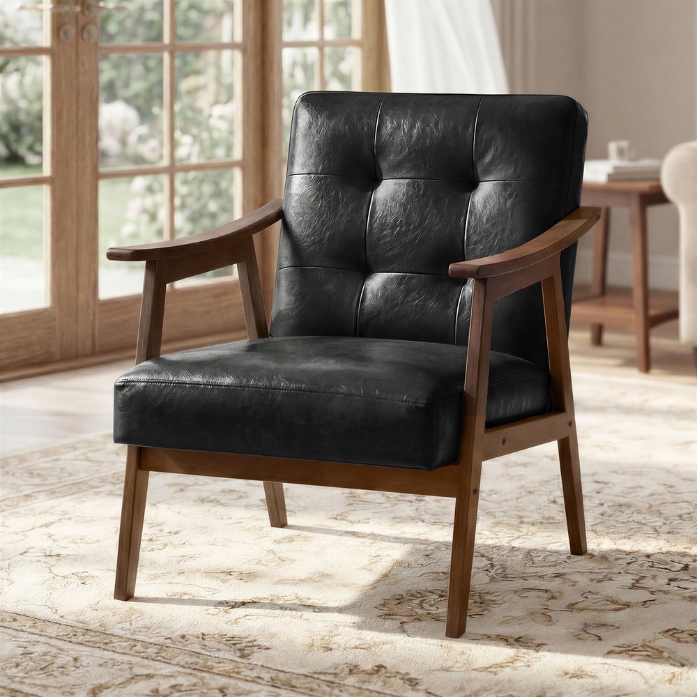 Accent Chair – Mid Century Modern PU Leather – Tufted Armchair