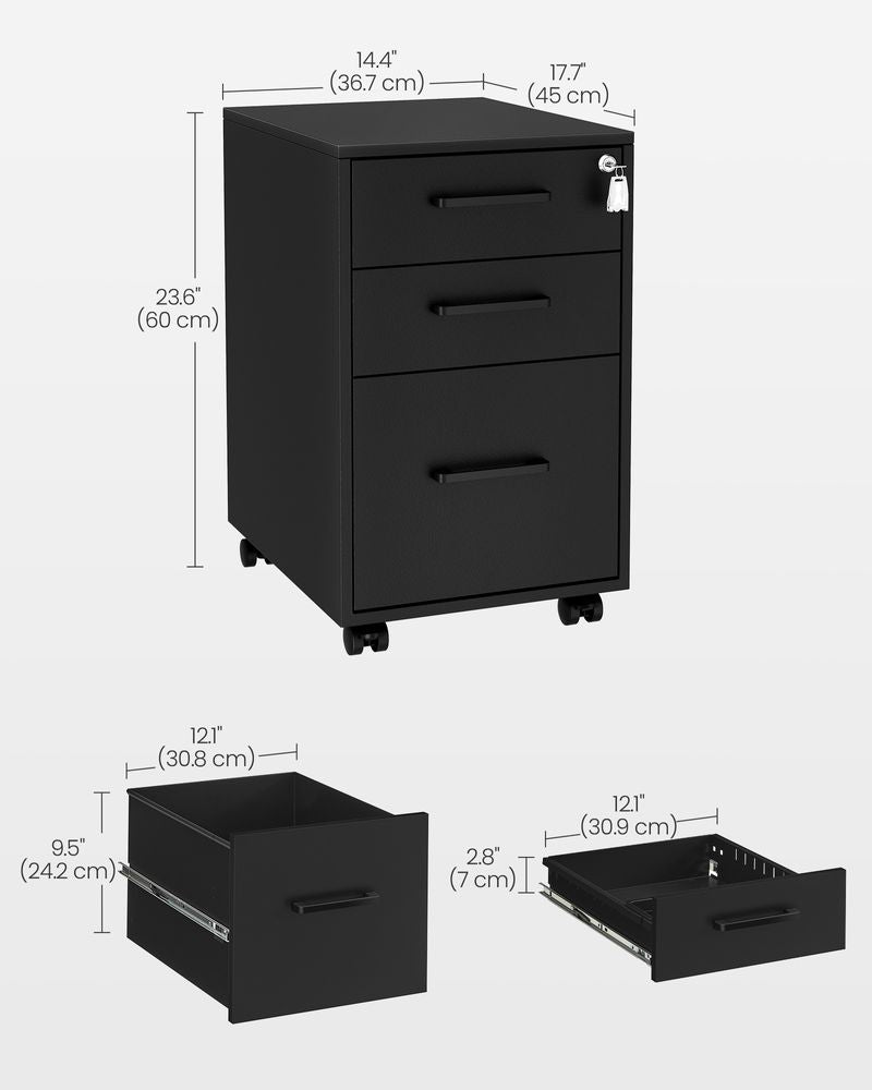 Office Filing Cabinet With Lock – 3 Drawers – Rolling Storage