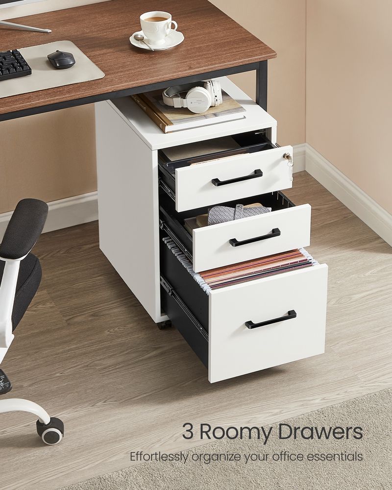 Office Filing Cabinet With Lock – 3 Drawers – Rolling Storage