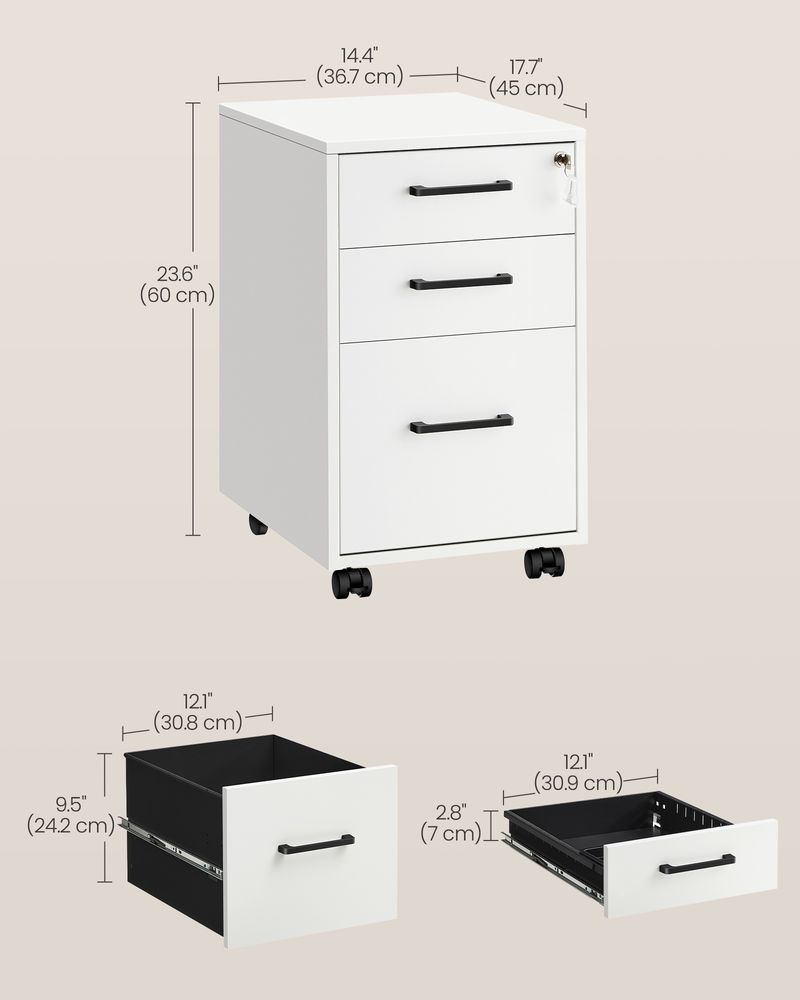 Office Filing Cabinet With Lock – 3 Drawers – Rolling Storage