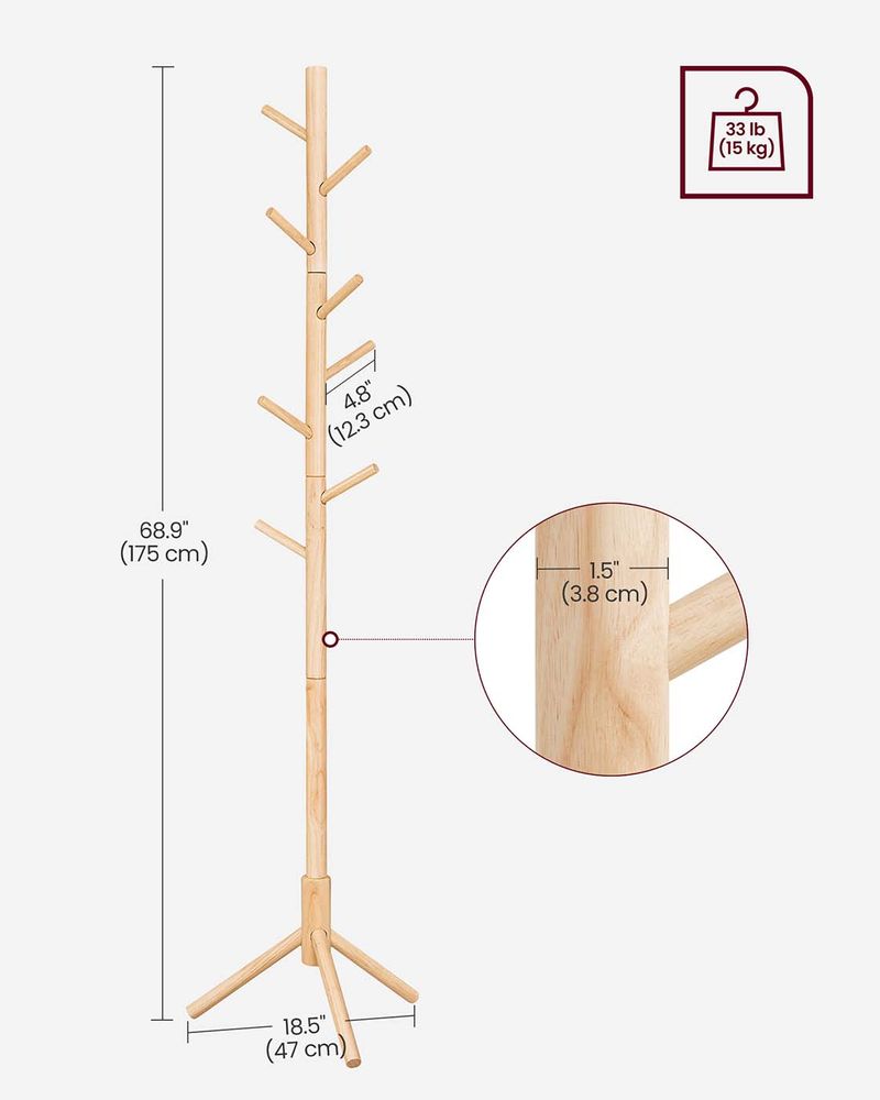 Solid Wood Coat Rack - Freestanding - 8 Hook Design