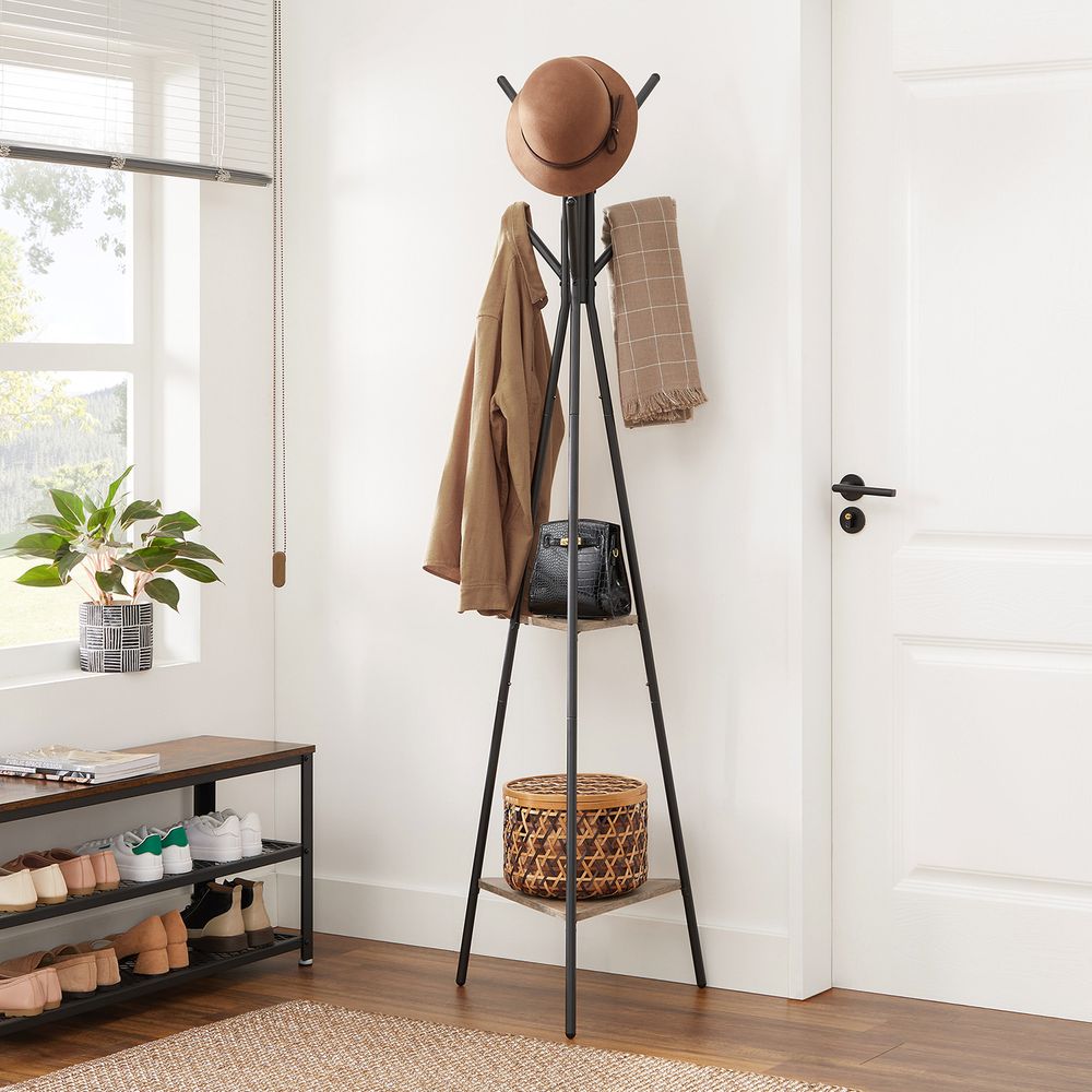 Coat Hanger Stand - Hall Tree With 2 Shelves - Entryway Organizer