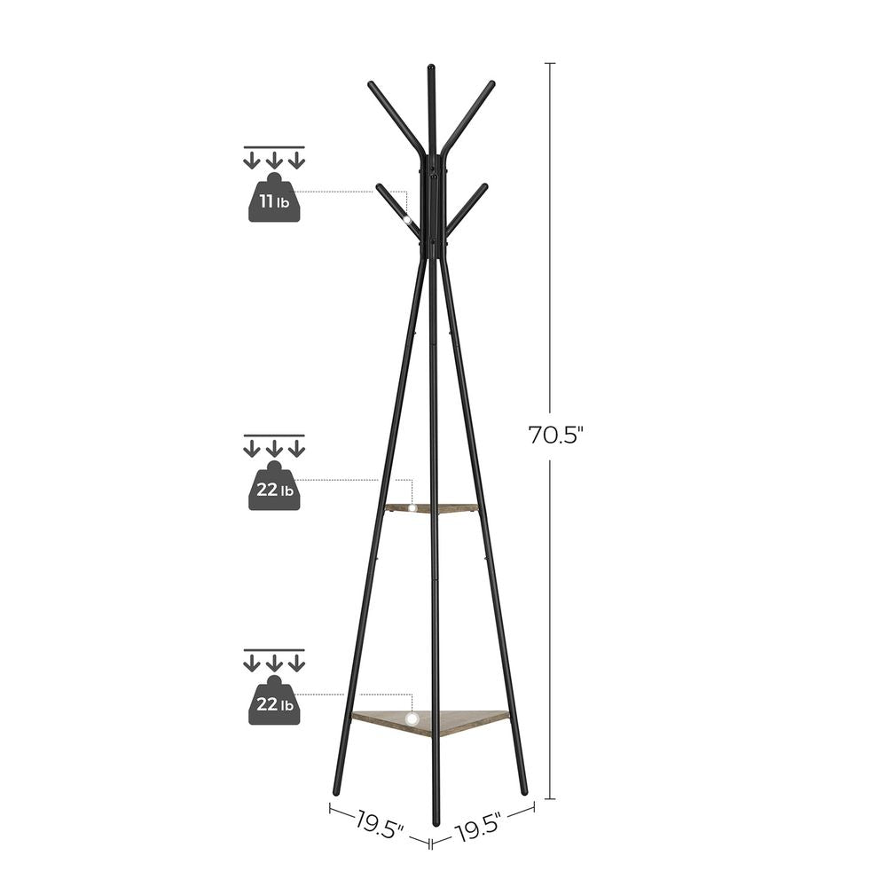 Coat Hanger Stand - Hall Tree With 2 Shelves - Entryway Organizer