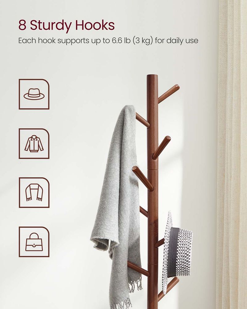 Solid Wood Coat Rack - Freestanding - 8 Hook Design