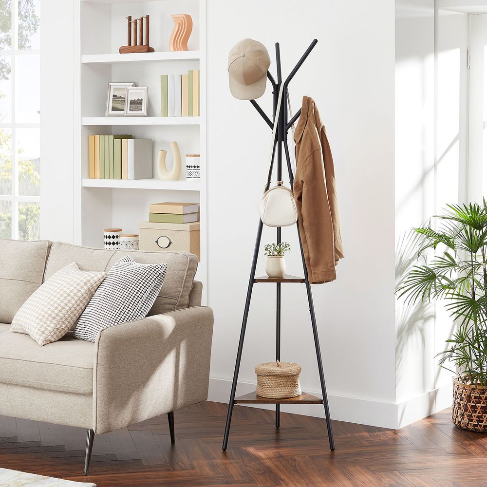 Coat Hanger Stand - Hall Tree With 2 Shelves - Entryway Organizer