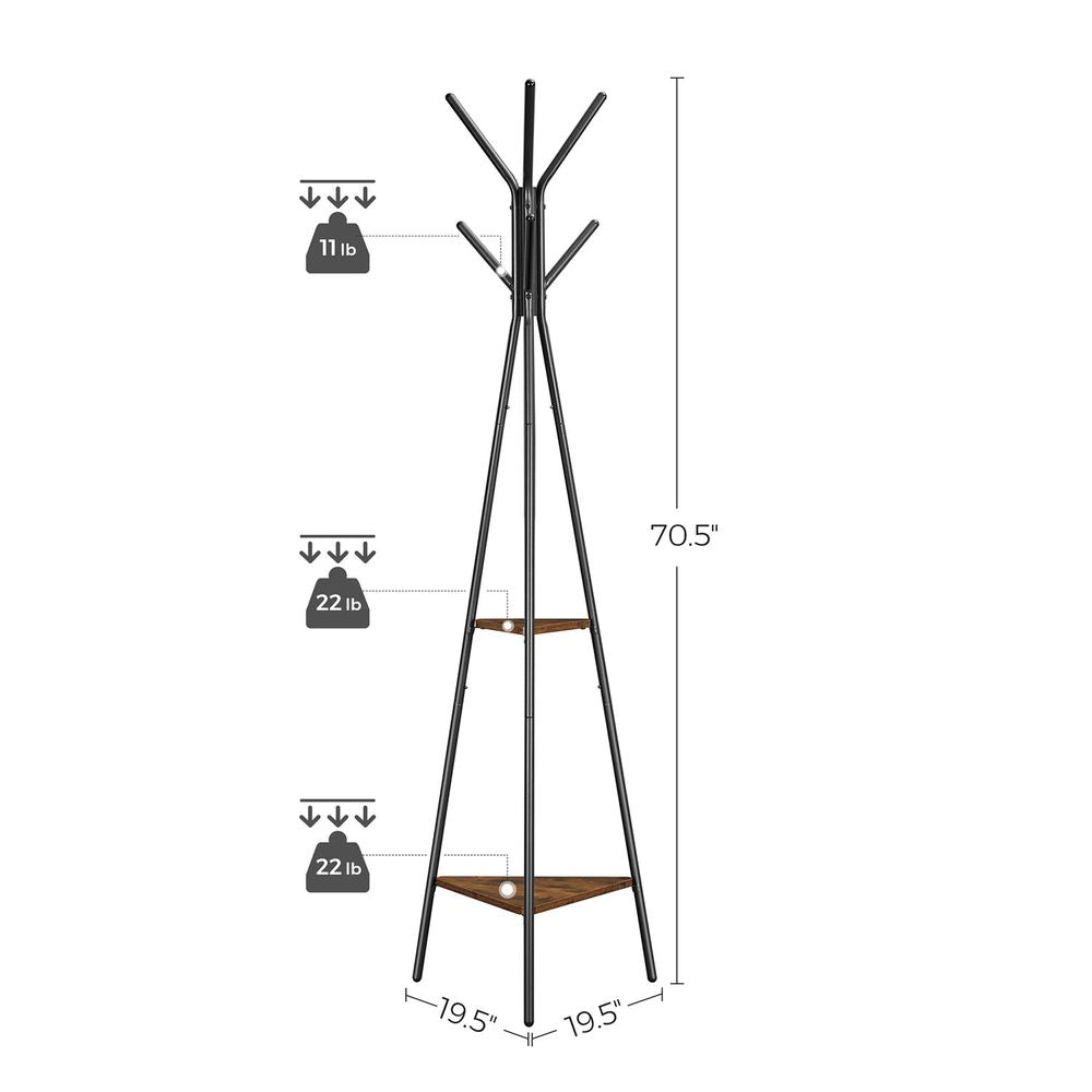Coat Hanger Stand - Hall Tree With 2 Shelves - Entryway Organizer