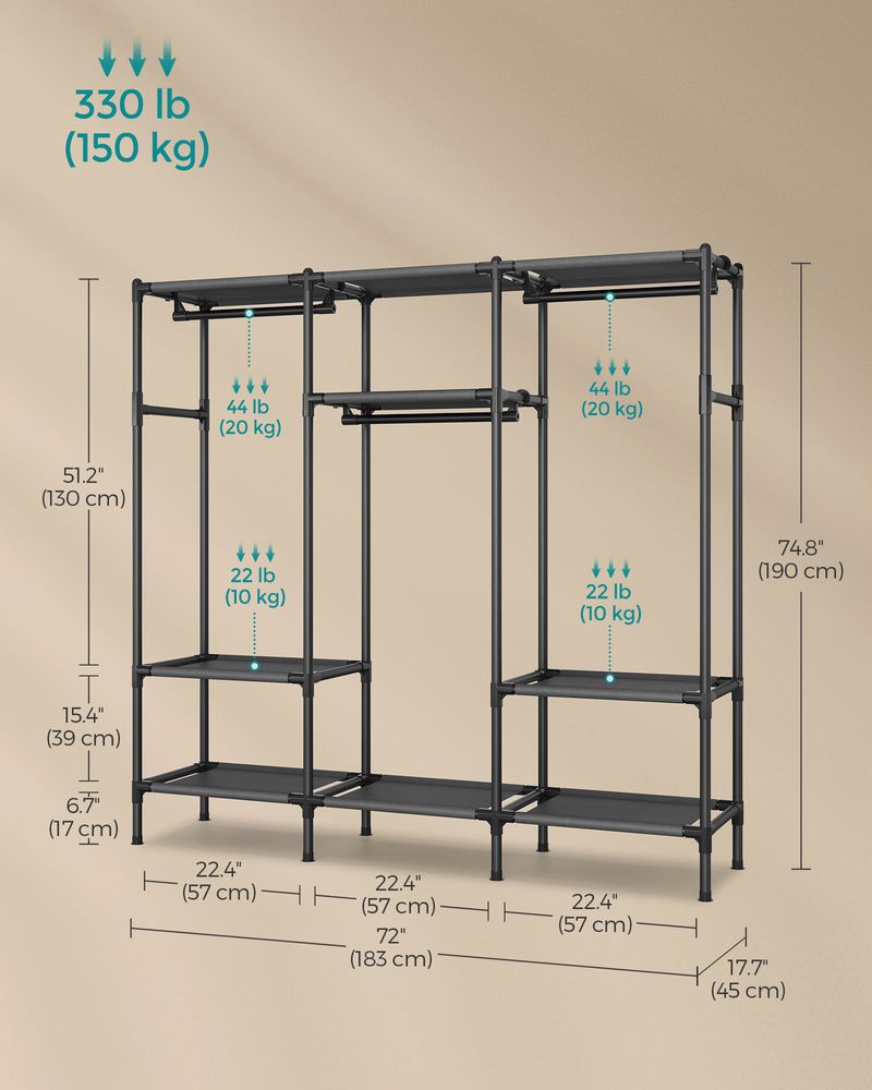72 Inch Clothes Rack With Hanging Rails and Shelves Large Closet Organizer