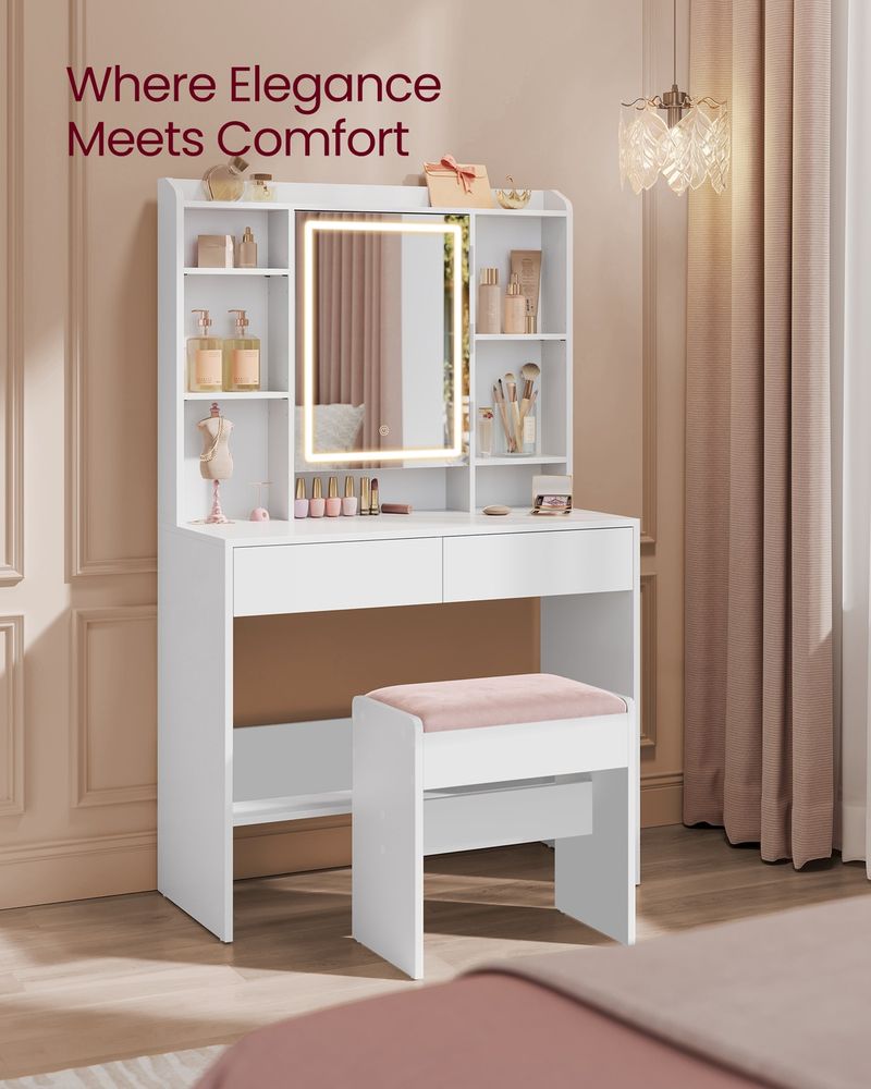 Vanity Desk – LED Mirror & Charging Station – Makeup Vanity With Storage