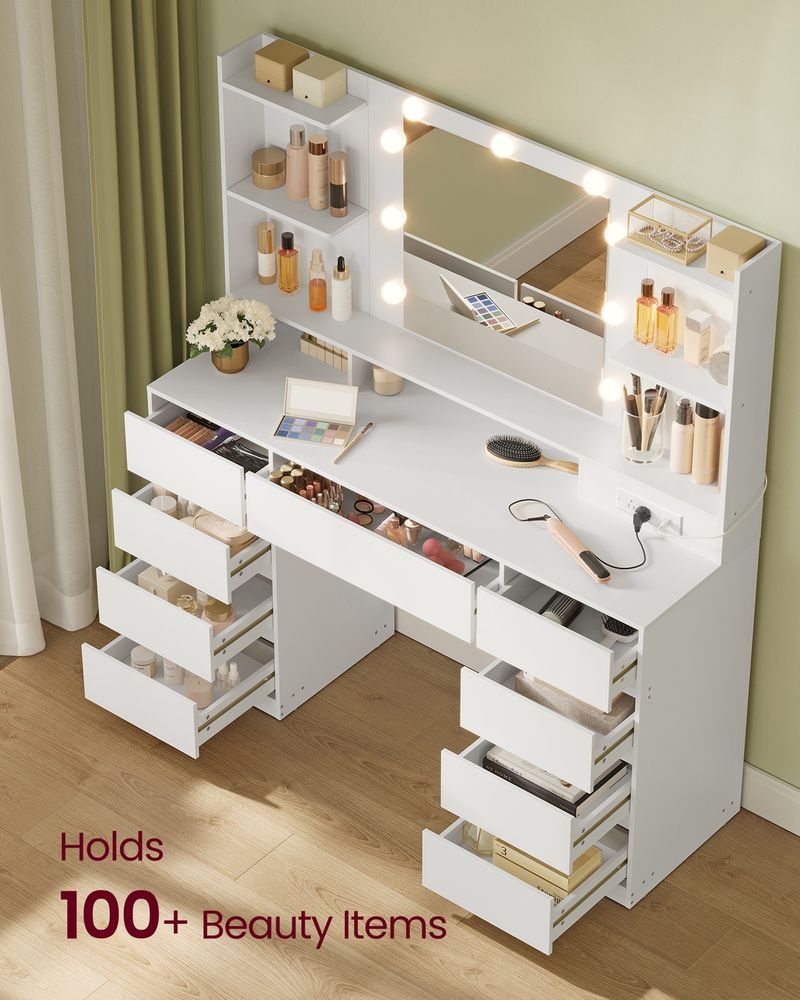 Vanity Desk – LED Mirror & Charging Station – Makeup Vanity With Storage