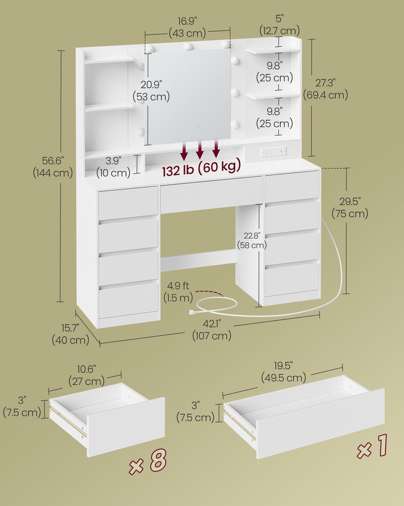 Vanity Desk – LED Mirror & Charging Station – Makeup Vanity With Storage