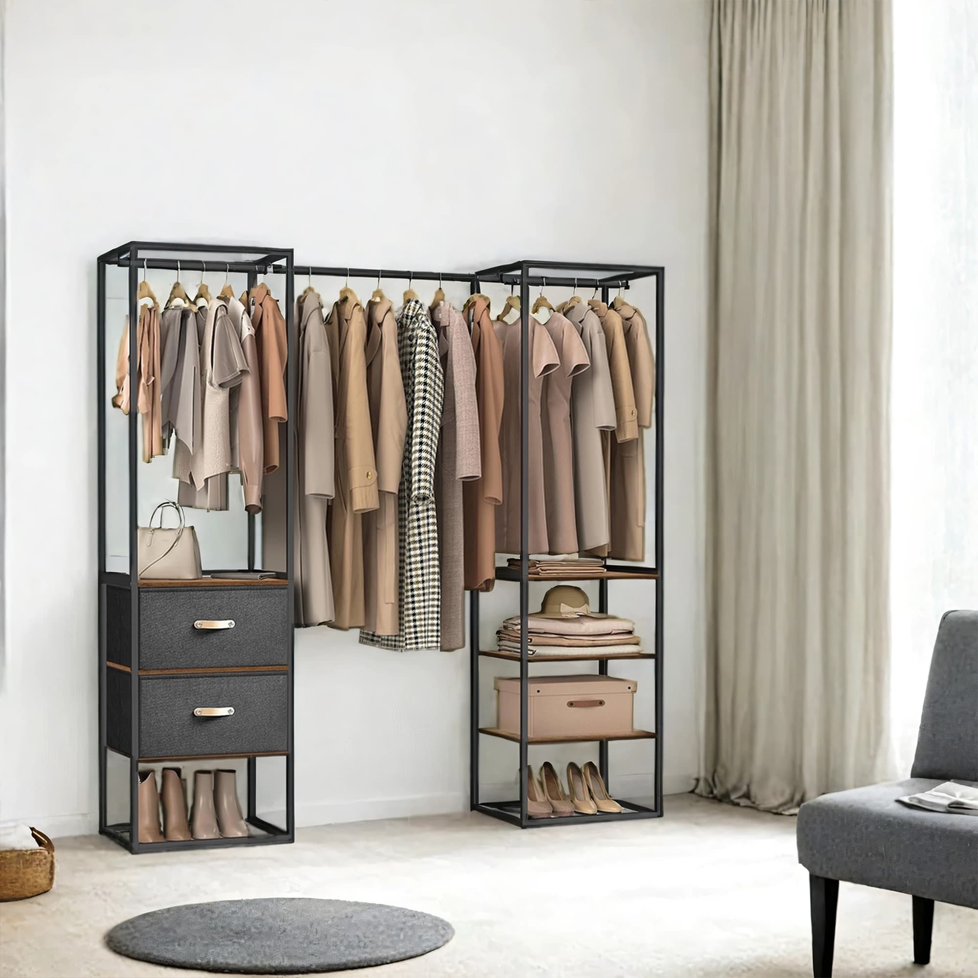 Heavy Duty Clothes Rack With Extendable Hanging Rod Shelves Organizer