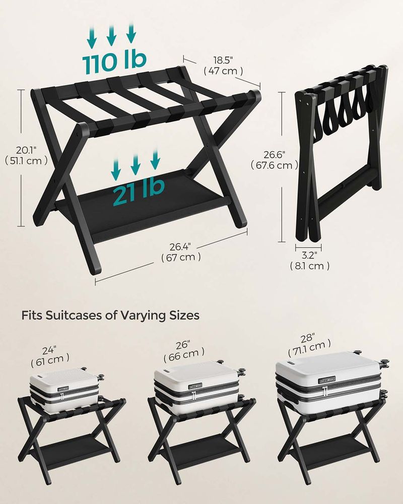 Luggage Rack - Folding With Storage Shelf - Guest Room Stand