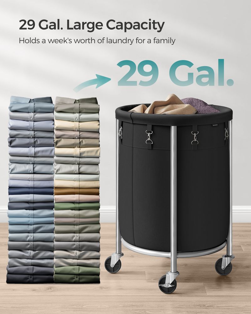 Laundry Basket - Round Rolling Hamper - With Wheels