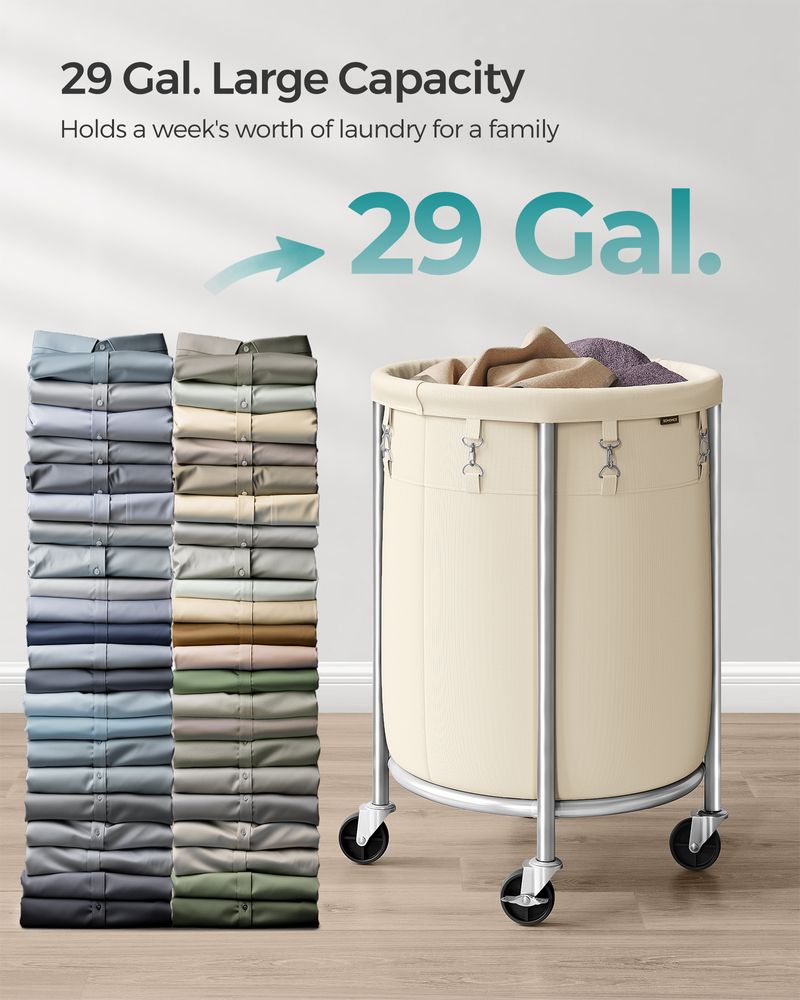 Laundry Basket - Round Rolling Hamper - With Wheels