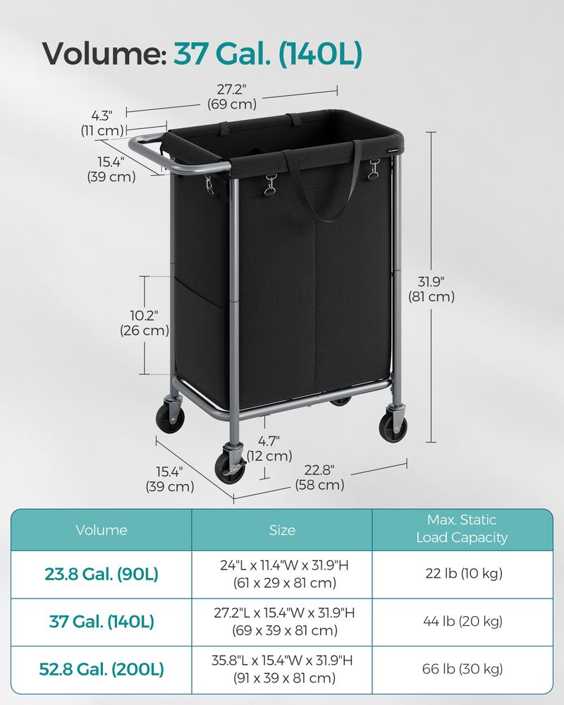 Laundry Basket With Wheels - Removable Liner - Steel Frame