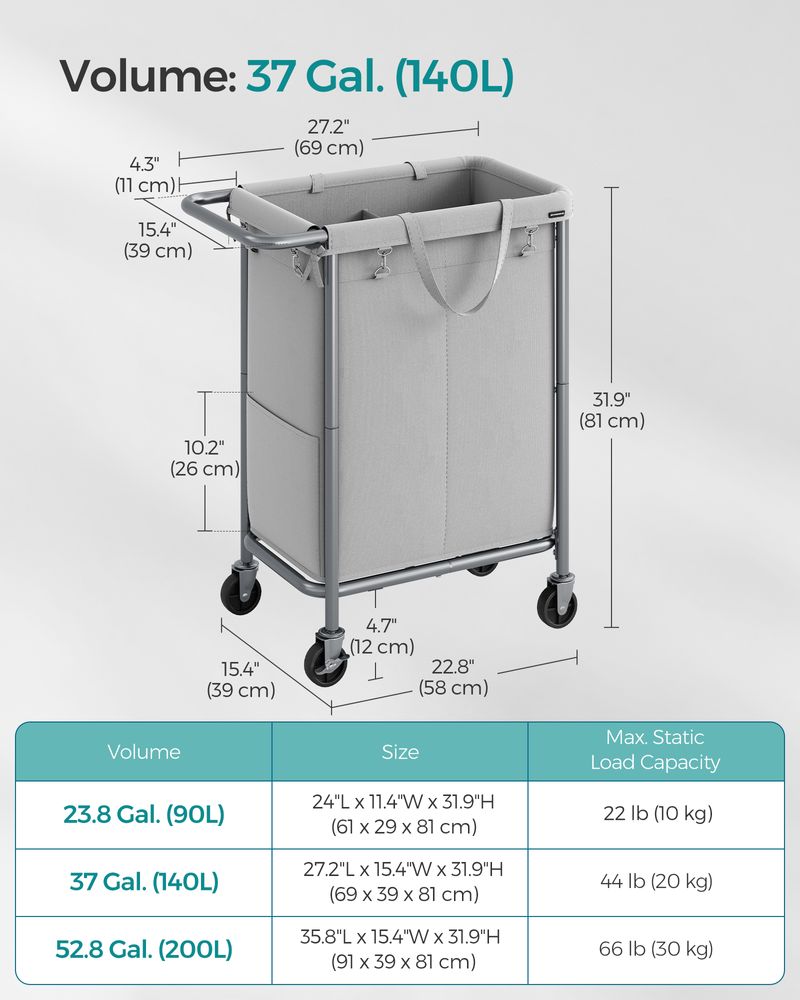 Laundry Basket With Wheels - Removable Liner - Steel Frame