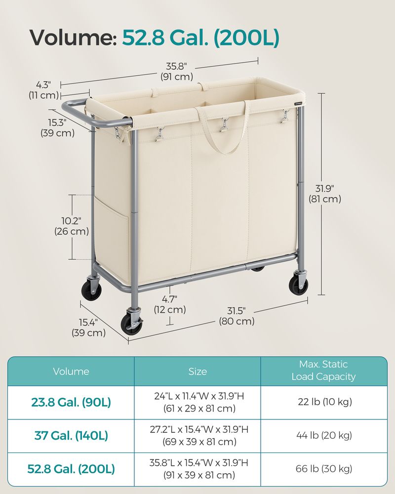 Laundry Basket With Wheels - Removable Liner - Steel Frame