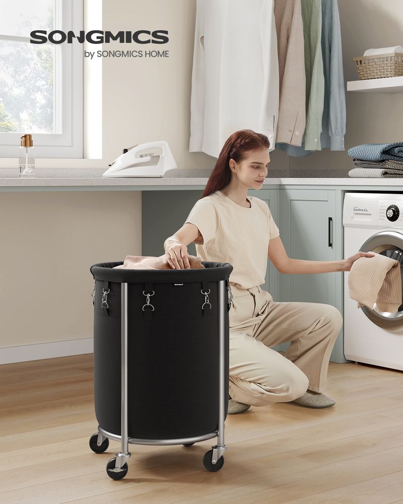 Laundry Basket - Round Rolling Hamper - With Wheels