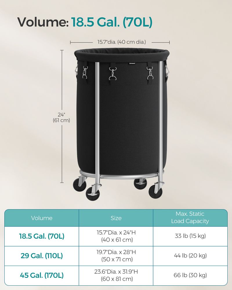 Laundry Basket - Round Rolling Hamper - With Wheels