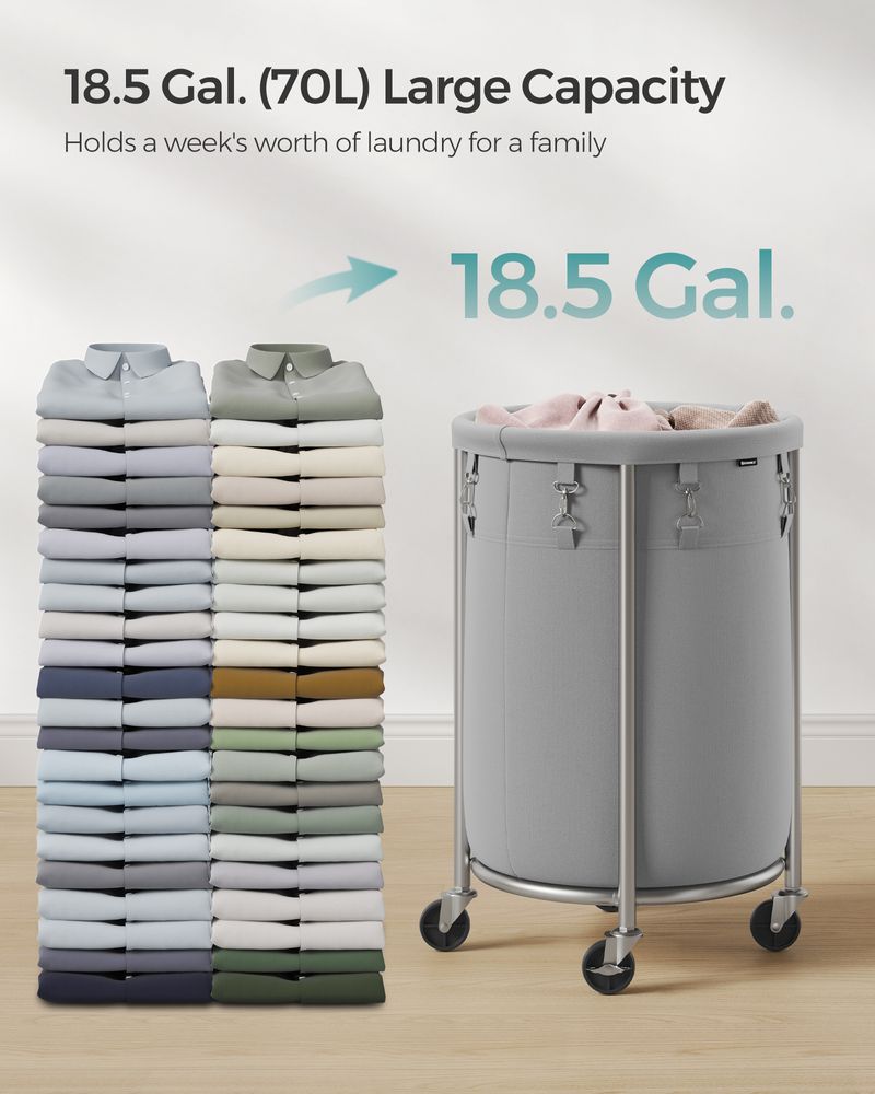 Laundry Basket - Round Rolling Hamper - With Wheels