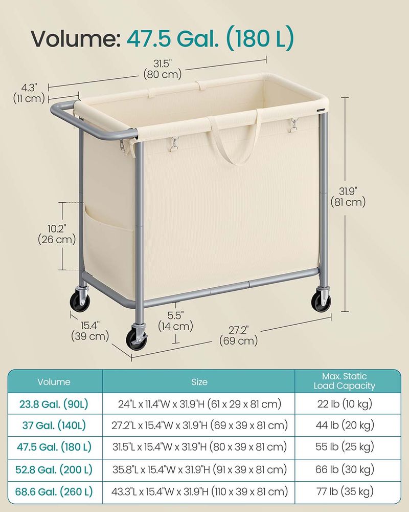Laundry Basket With Wheels - Removable Liner - Steel Frame