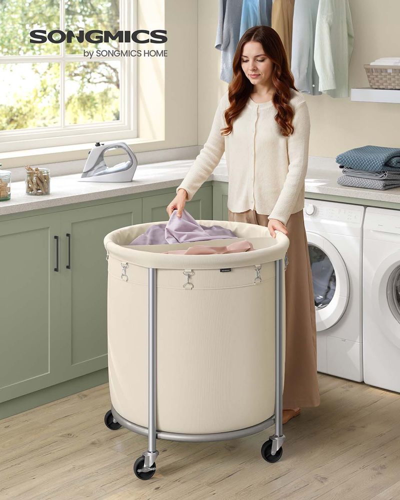 Laundry Basket - Round Rolling Hamper - With Wheels