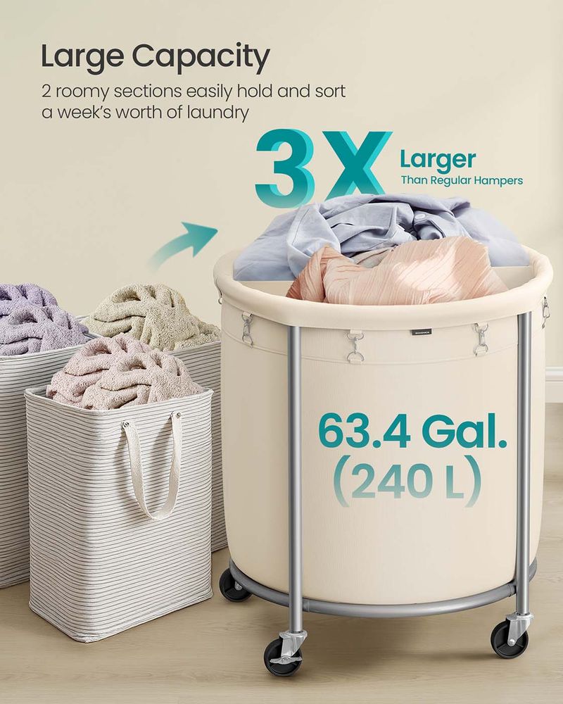 Laundry Basket - Round Rolling Hamper - With Wheels
