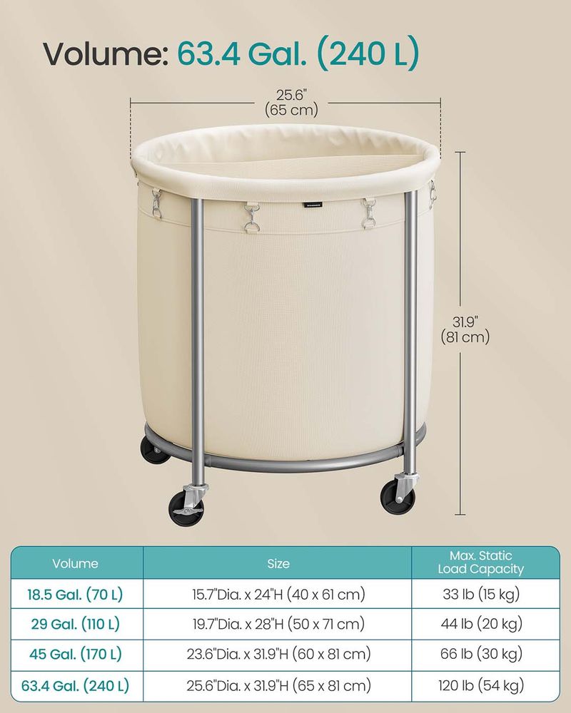 Laundry Basket - Round Rolling Hamper - With Wheels