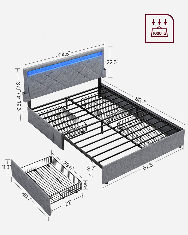 LED Bed Frame Queen & Full Size - Headboard - 4 Drawers Storage