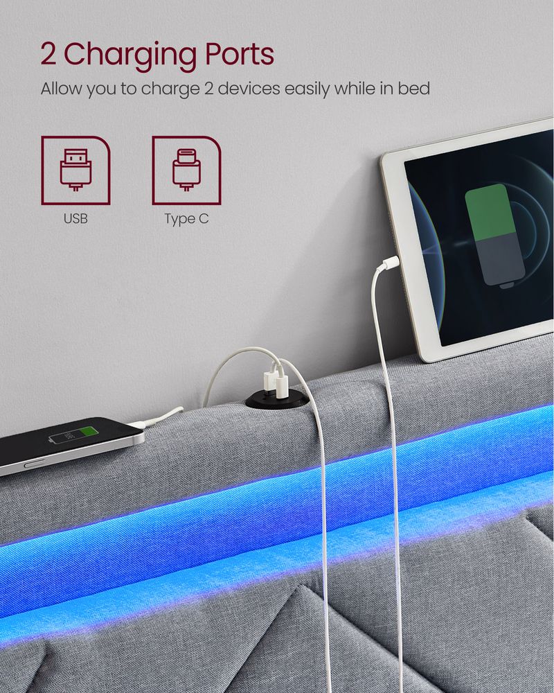 Queen LED Bed Frame with Headboard – 4 Storage Drawers – USB Ports