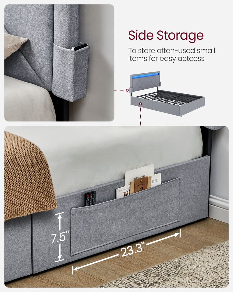 Queen LED Bed Frame with Headboard – 4 Storage Drawers – USB Ports