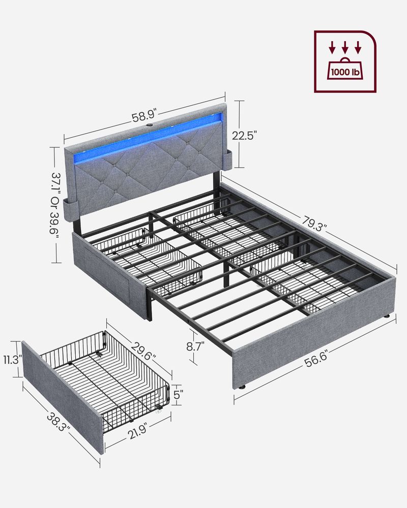 LED Bed Frame Queen & Full Size - Headboard - 4 Drawers Storage