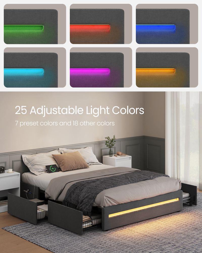 Full LED Bed Frame with Charging Station – 4 Storage Drawers