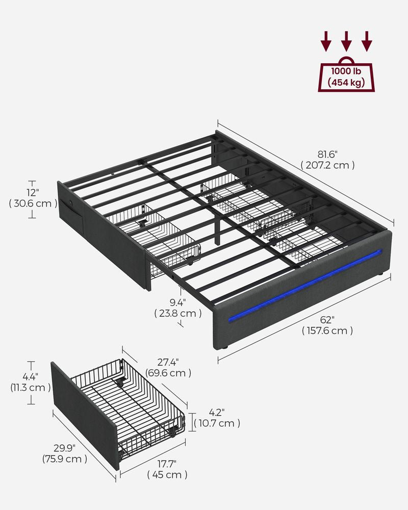 Full LED Bed Frame with Charging Station – 4 Storage Drawers