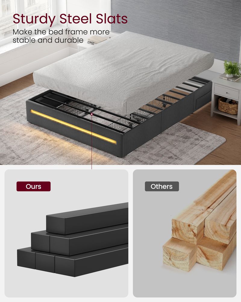 Full LED Bed Frame with Charging Station – 4 Storage Drawers