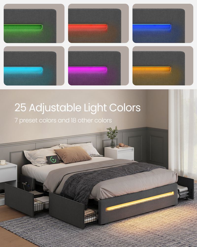 Full LED Bed Frame with Charging Station – 4 Storage Drawers