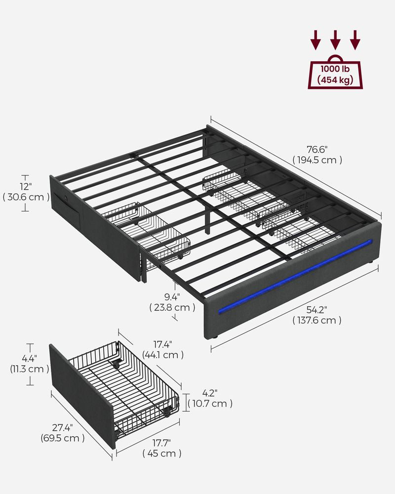 Full LED Bed Frame with Charging Station – 4 Storage Drawers