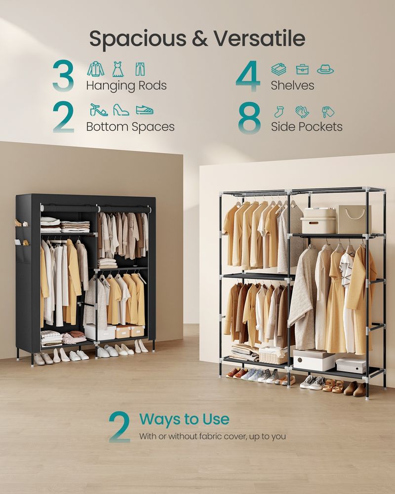 Portable Closet Fabric Wardrobe With 3 Hanging Rods Storage Organizer