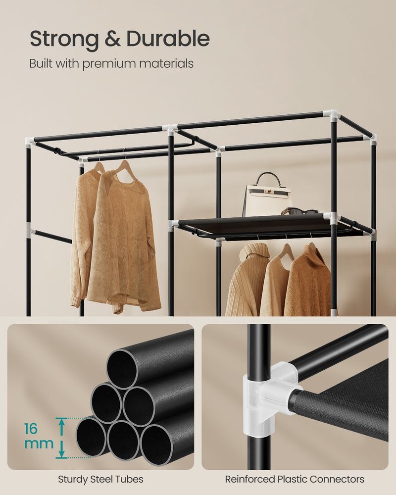 Portable Closet Fabric Wardrobe With 3 Hanging Rods Storage Organizer