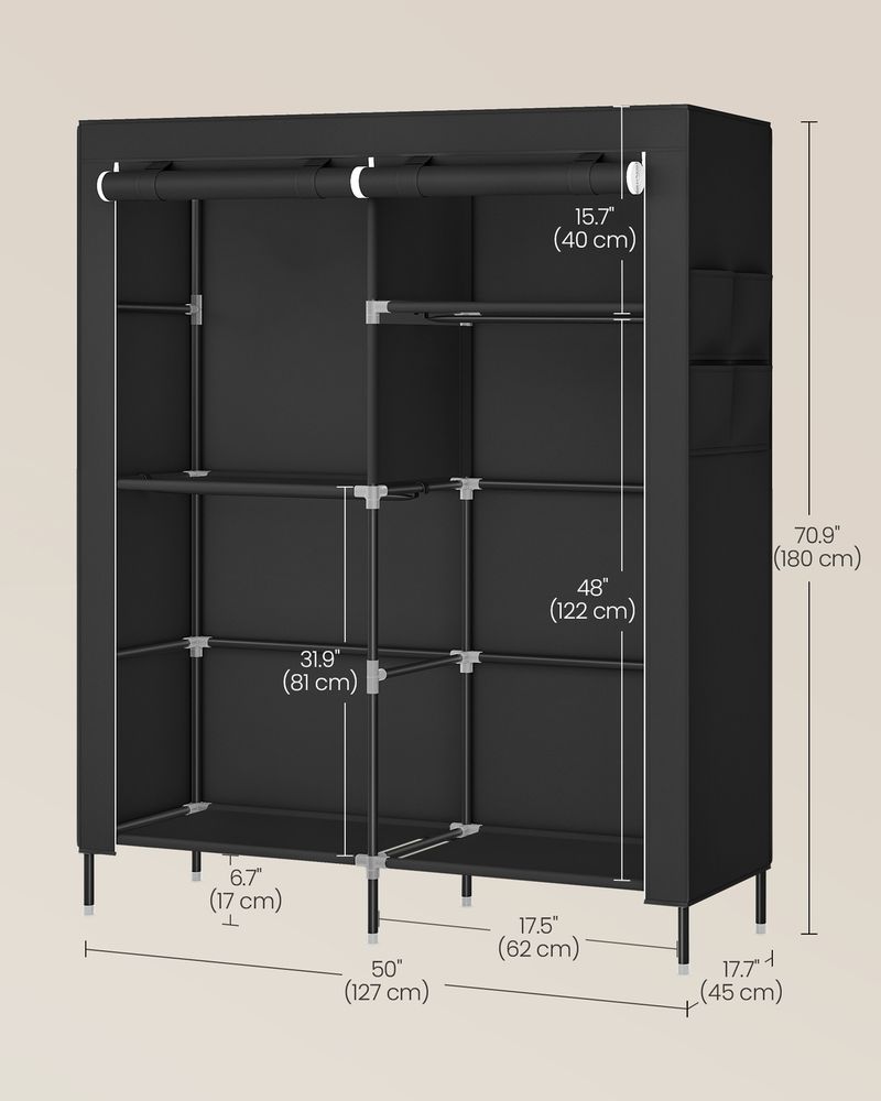 Portable Closet Fabric Wardrobe With 3 Hanging Rods Storage Organizer