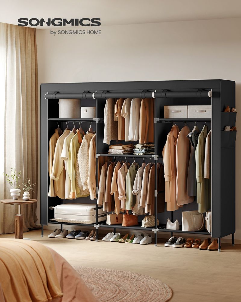 Portable Closet Fabric Wardrobe With 3 Hanging Rods Storage Organizer
