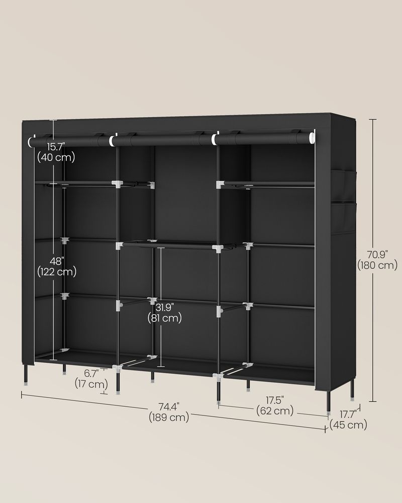 Portable Closet Fabric Wardrobe With 3 Hanging Rods Storage Organizer