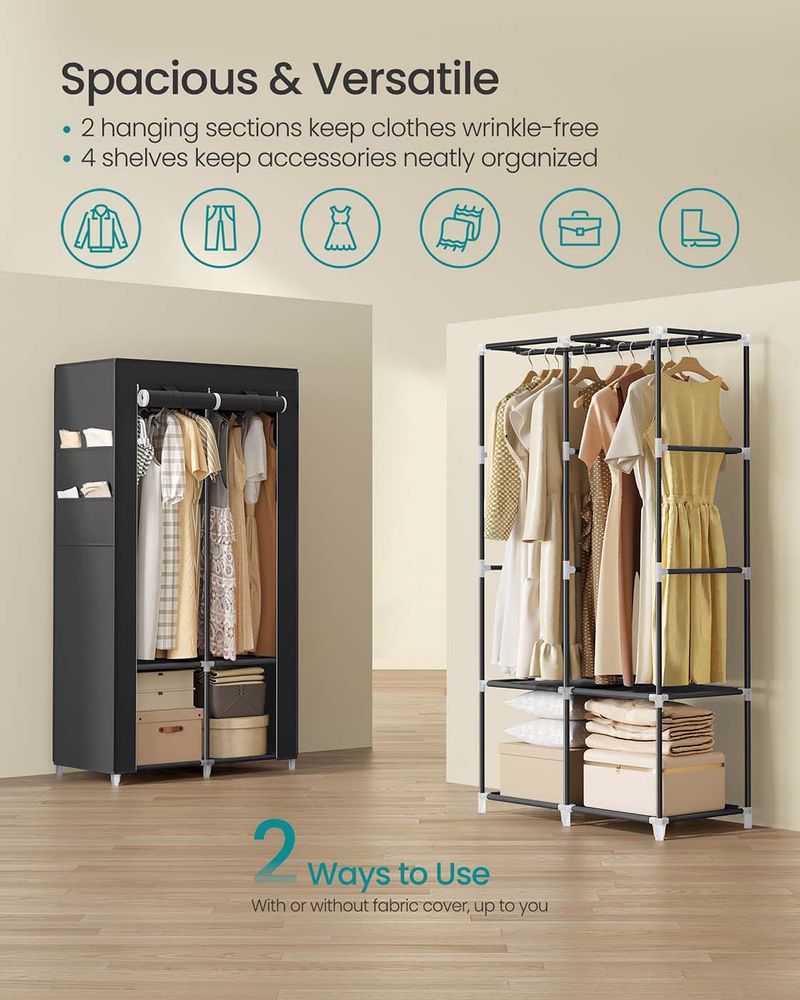 Wardrobe Closet Organizer With Cover - Hanging Rails Shelves