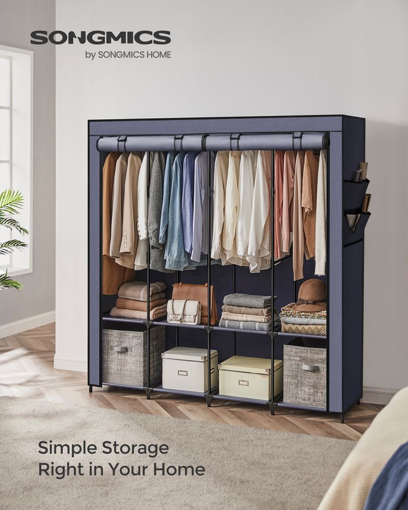Wardrobe Closet Organizer With Cover - Hanging Rails Shelves