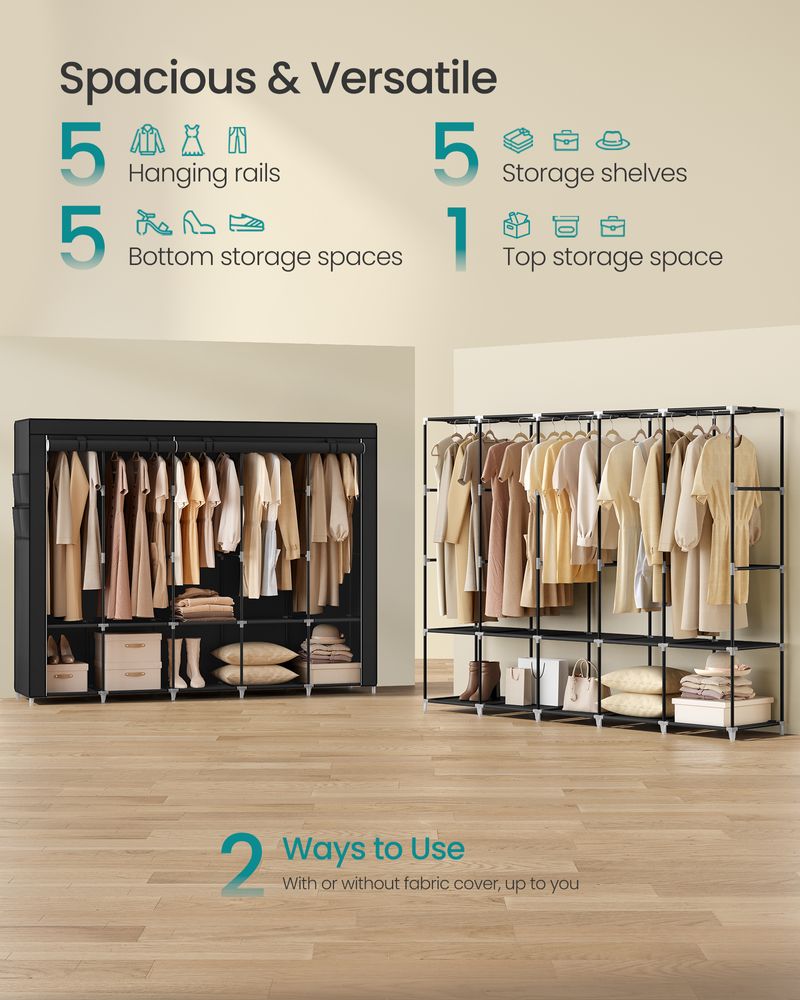 Wardrobe Closet Organizer With Cover - Hanging Rails Shelves