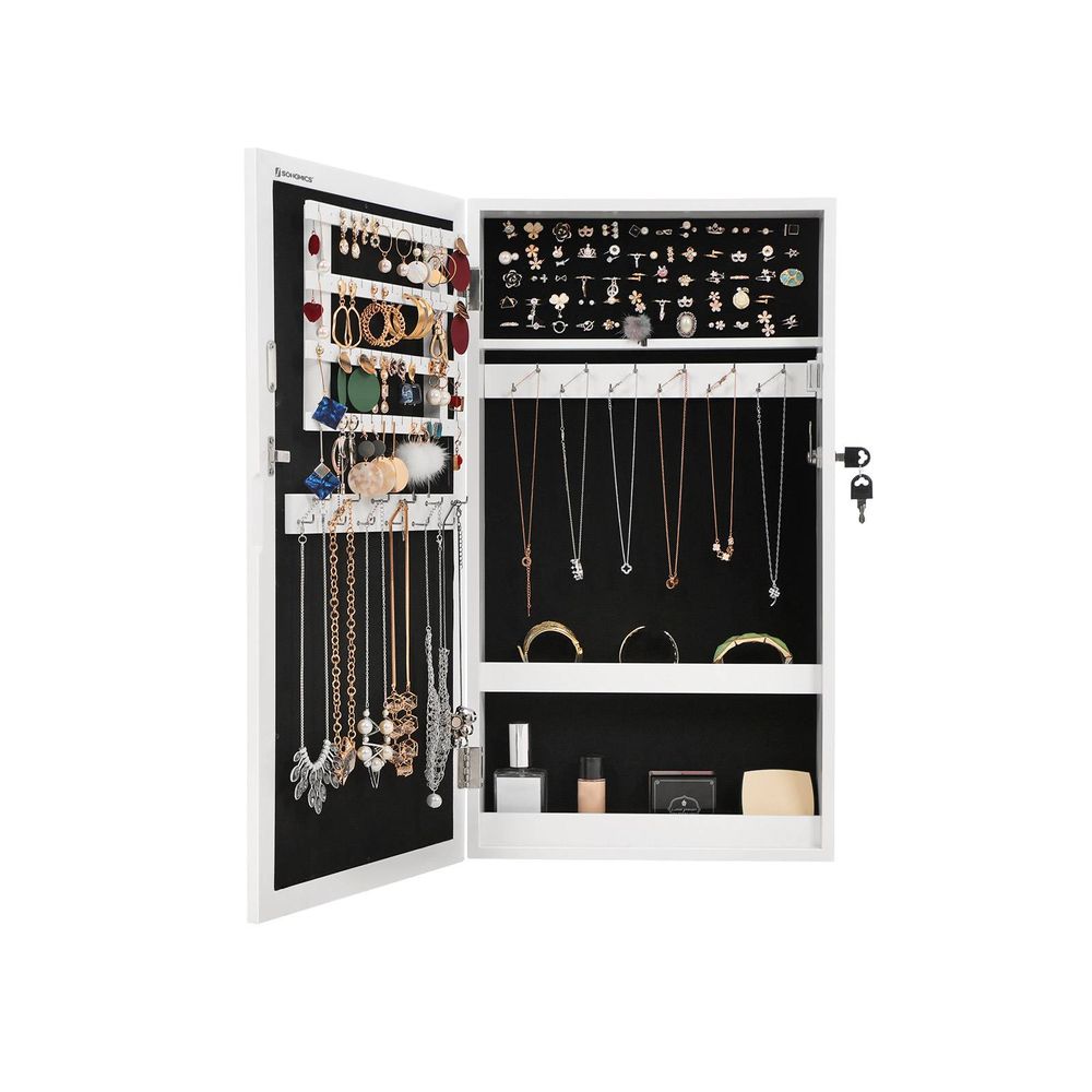 Jewelry Cabinet Armoire - Lockable Mirror - Wall Mounted Storage