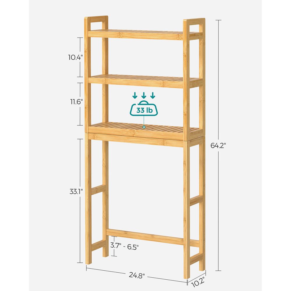 Over The Toilet Storage Shelf - 3 Tier Bamboo - Adjustable Bathroom Organizer