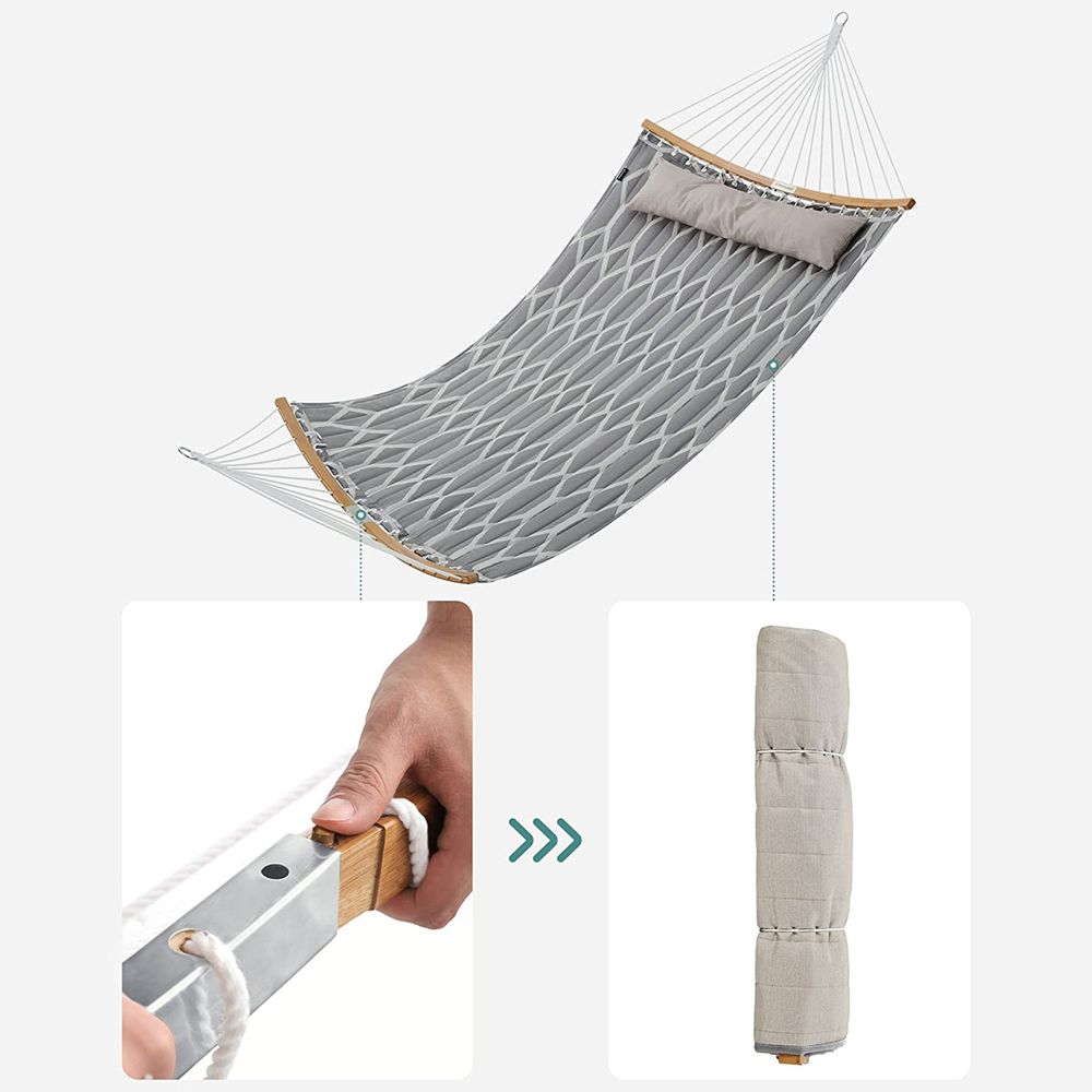 Quilted Hammock With Bamboo Spreader Bars and Pillow Portable Swing Bed
