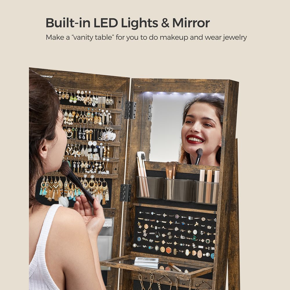 Jewelry Cabinet Standing - Full Length Mirror - Adjustable LED Lights