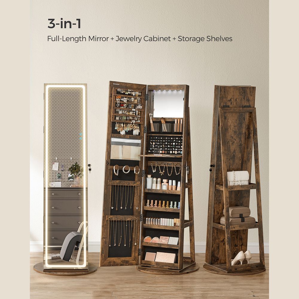 Jewelry Cabinet Standing - Full Length Mirror - Adjustable LED Lights
